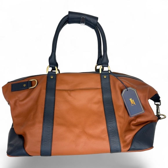 Links & Kings Leather Duffle Bag British Tan Navy Weekender Travel Bag NWT